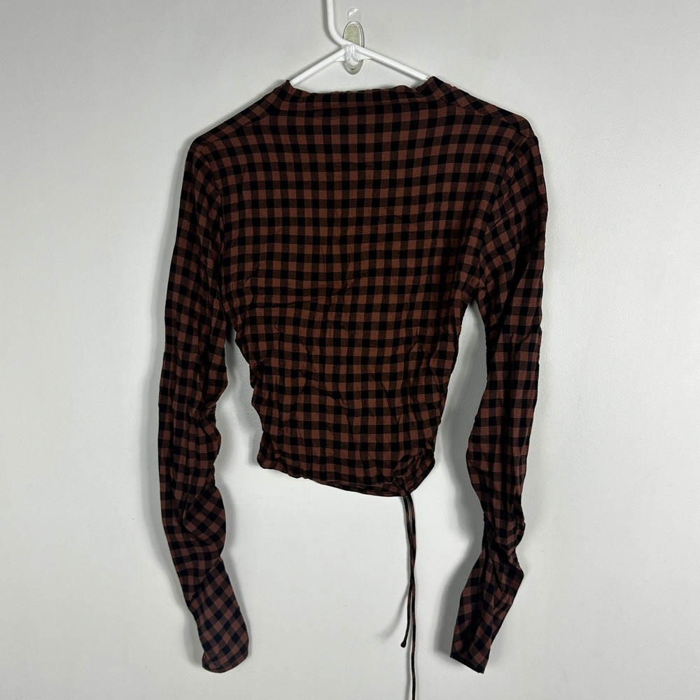 ALC Oryn Black Brandy Brown‎ Top Womens Sz 4 Ruched Long Sleeve Plaid Check Boho - Picture 14 of 16